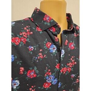 Express Button Shirt Mens Large Slim 17 17 1/2 Black Floral Office Whimsy Dapper
